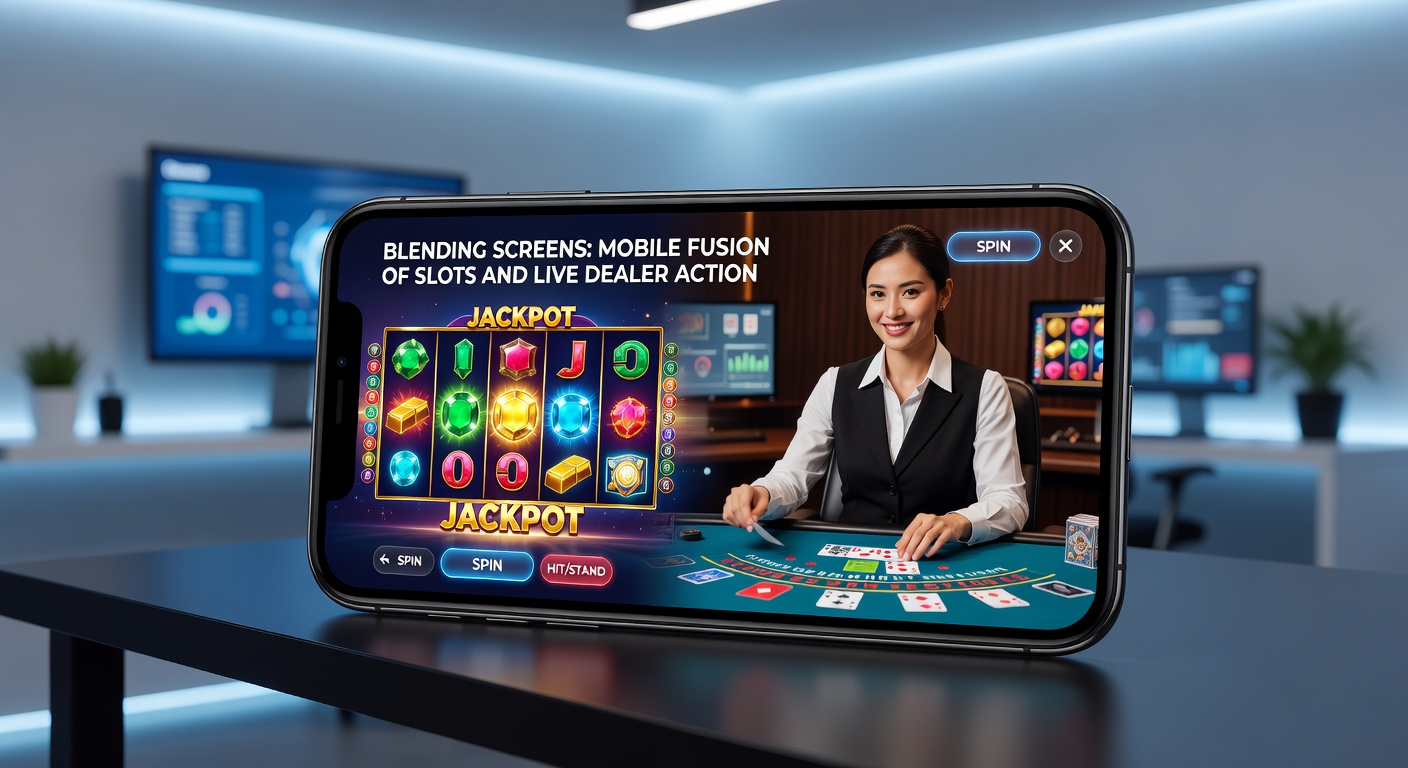 Smartphone displaying a hybrid mobile casino interface where vibrant slot reels spin alongside a live dealer at a blackjack table, capturing the fusion of digital slots and real-time interaction