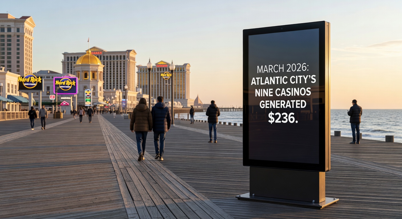 Inside a bustling Atlantic City casino floor, slot machines glowing under bright lights with players engaged at tables nearby