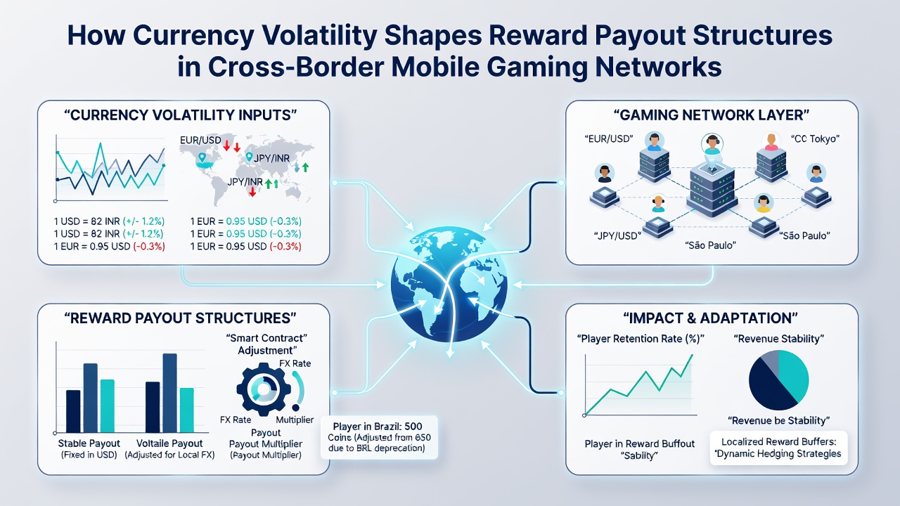 Analytics dashboard showing currency volatility charts overlaid with mobile gaming reward distribution metrics