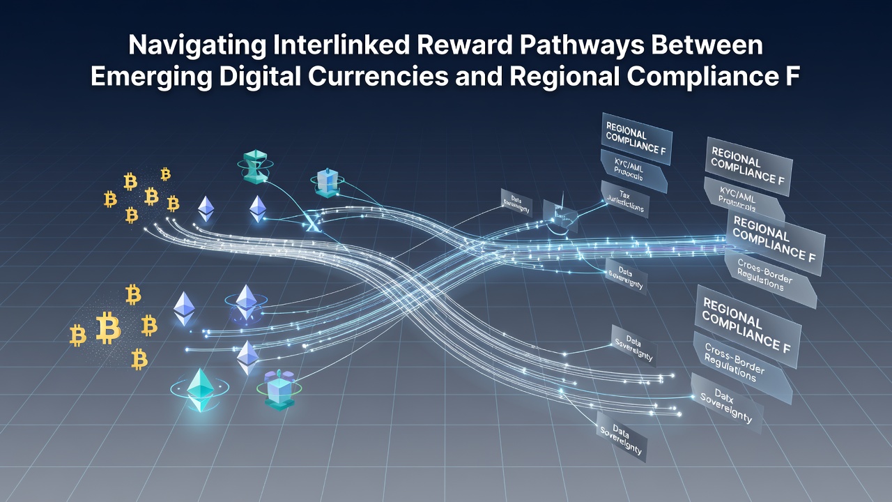Diagram illustrating interconnected crypto reward flows meeting compliance checkpoints across different global regions