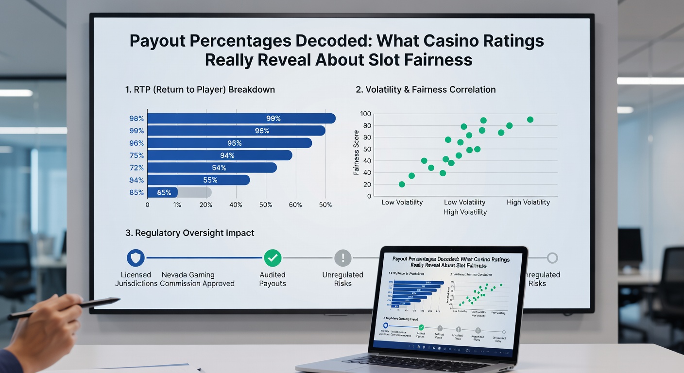 Infographic chart comparing RTP ranges across top-rated casinos, with bar graphs and regulatory seals for visual clarity on slot fairness metrics